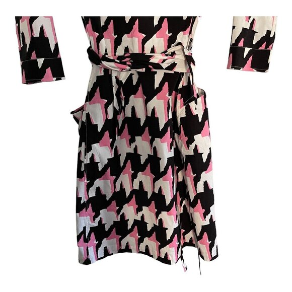 Samantha Sung Pink Black Houndstooth Print Shirt Dress Wrap Belt Pockets Size S - Picture 7 of 11